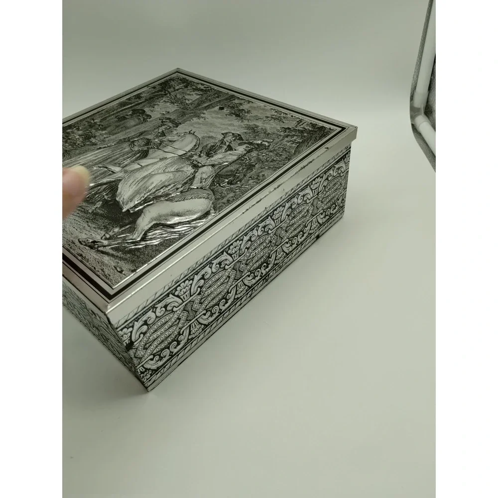 Vintage Biscuit Tin Box Embossed Colonial Equestrian Forest Theme Silver Toned
